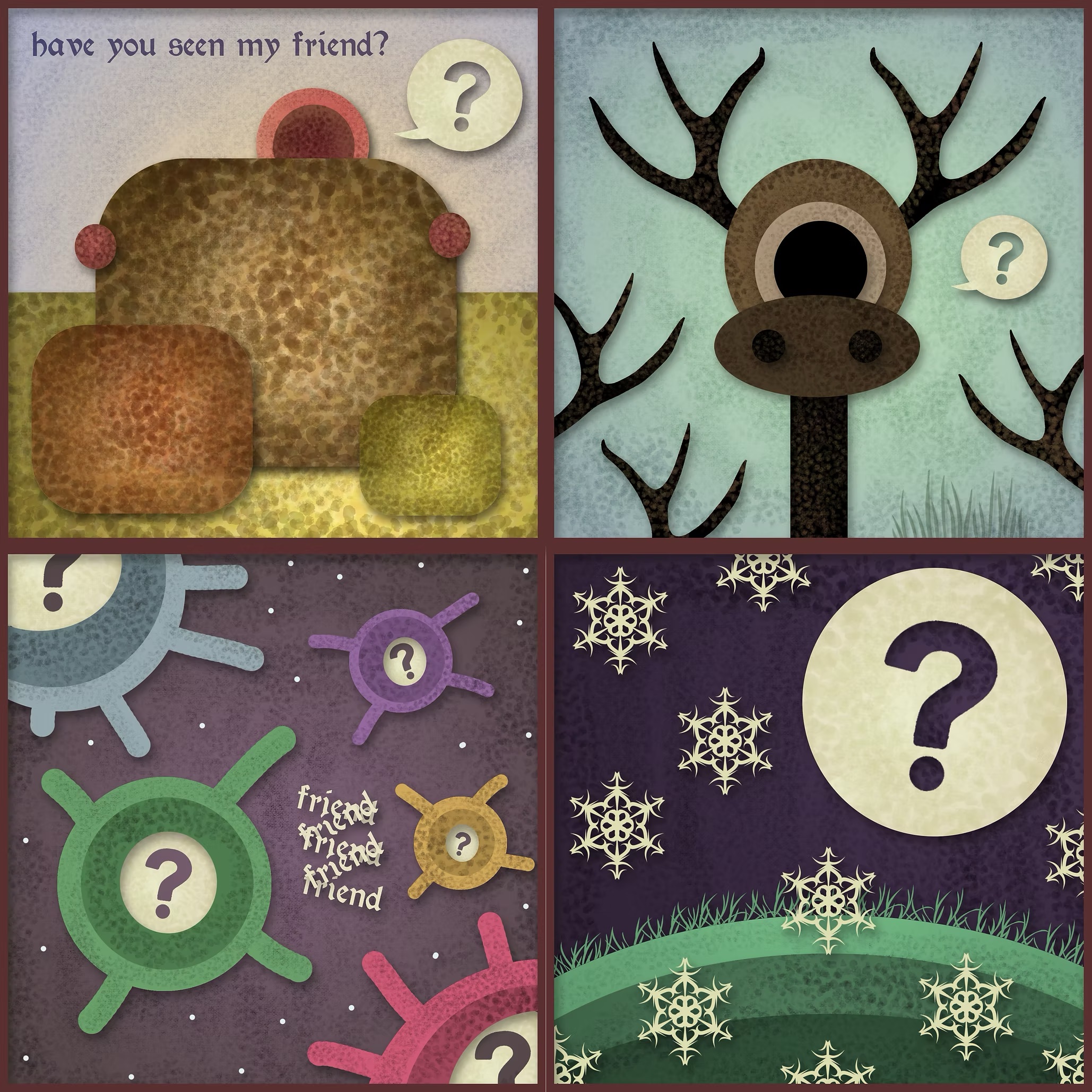 Four-panel comic of a bear, deer, and alien creatures each asking 'have you seen my friend?'