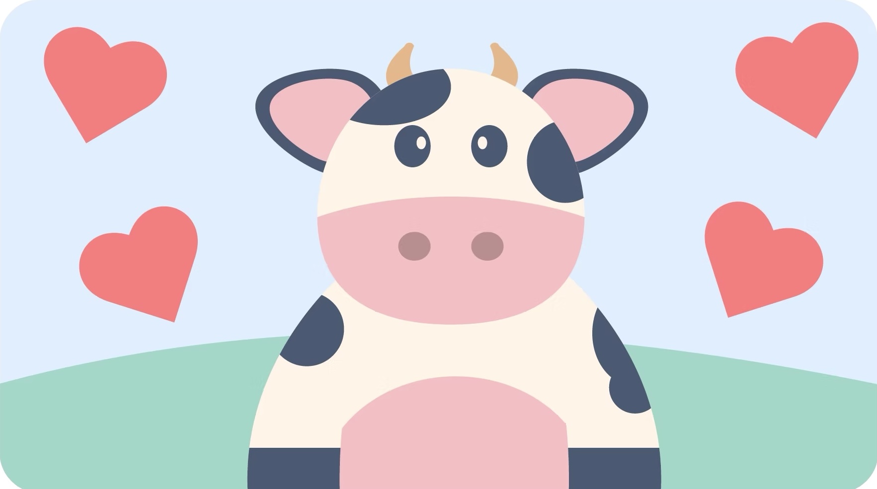Illustrated cow with hearts floating around it
