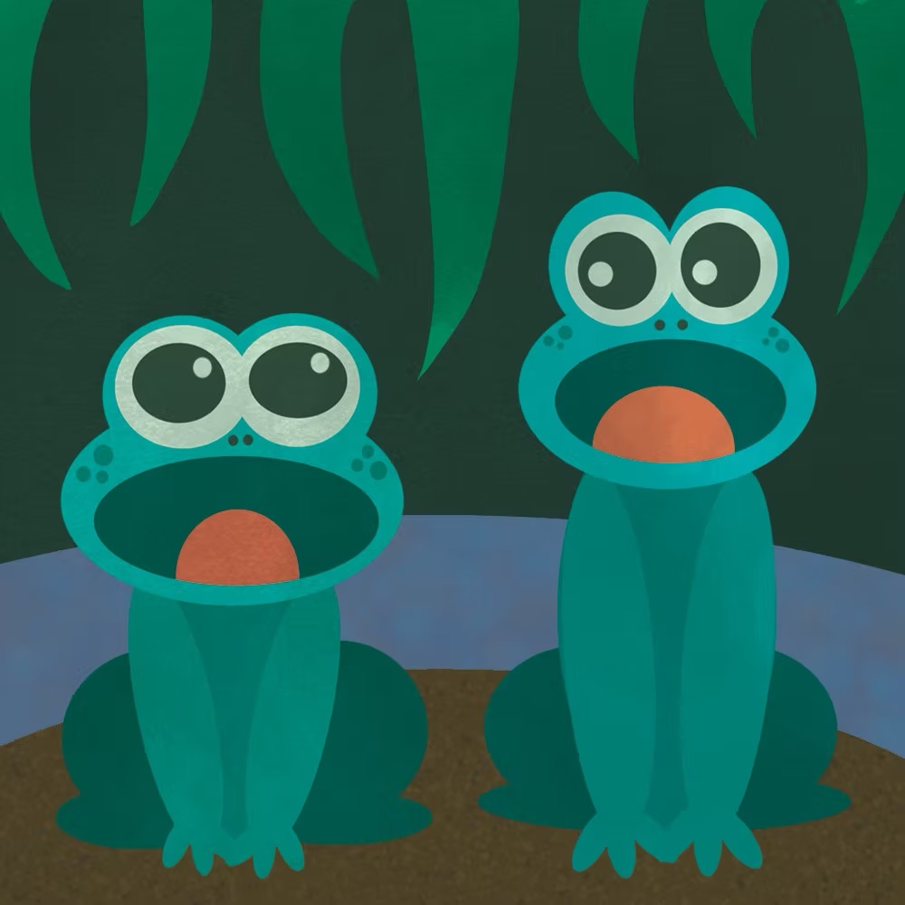 Two wide-eyed cartoon frogs sitting side by side