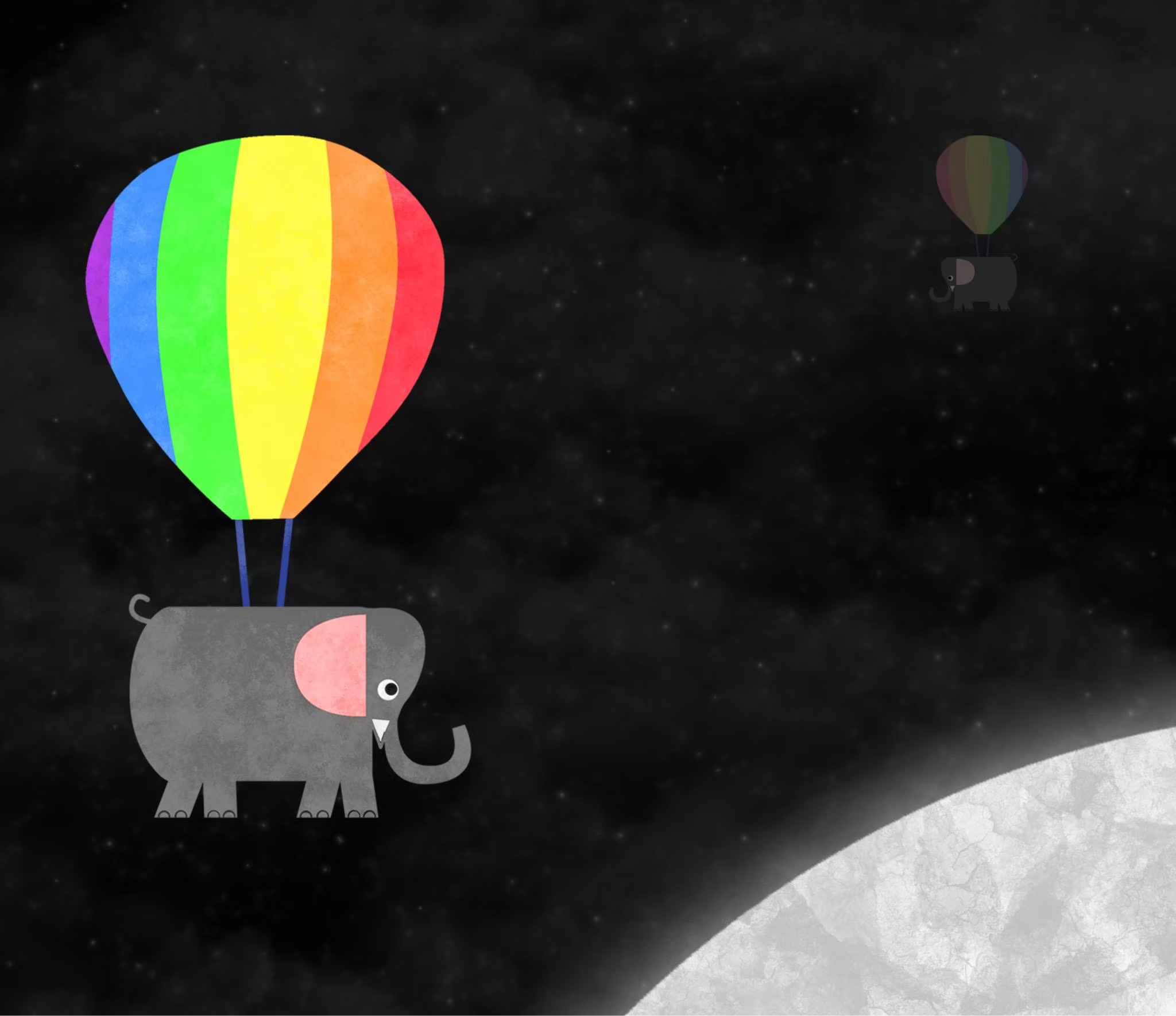 Elephant floating with a rainbow hot air balloon in a starry sky