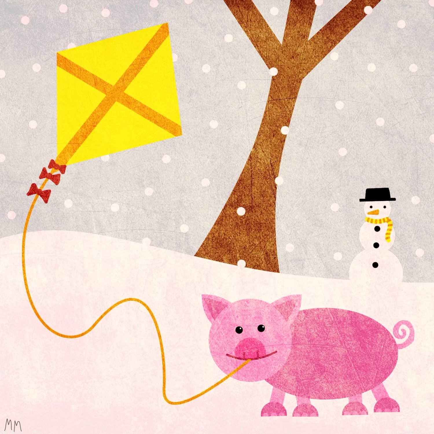Pig flying a kite in the snow near a snowman