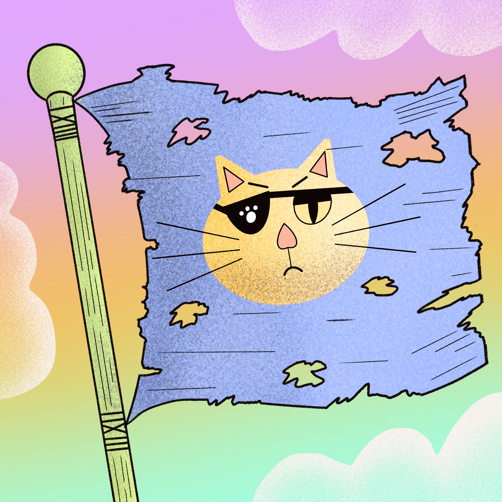 Illustrated cat with an eye patch on a flag