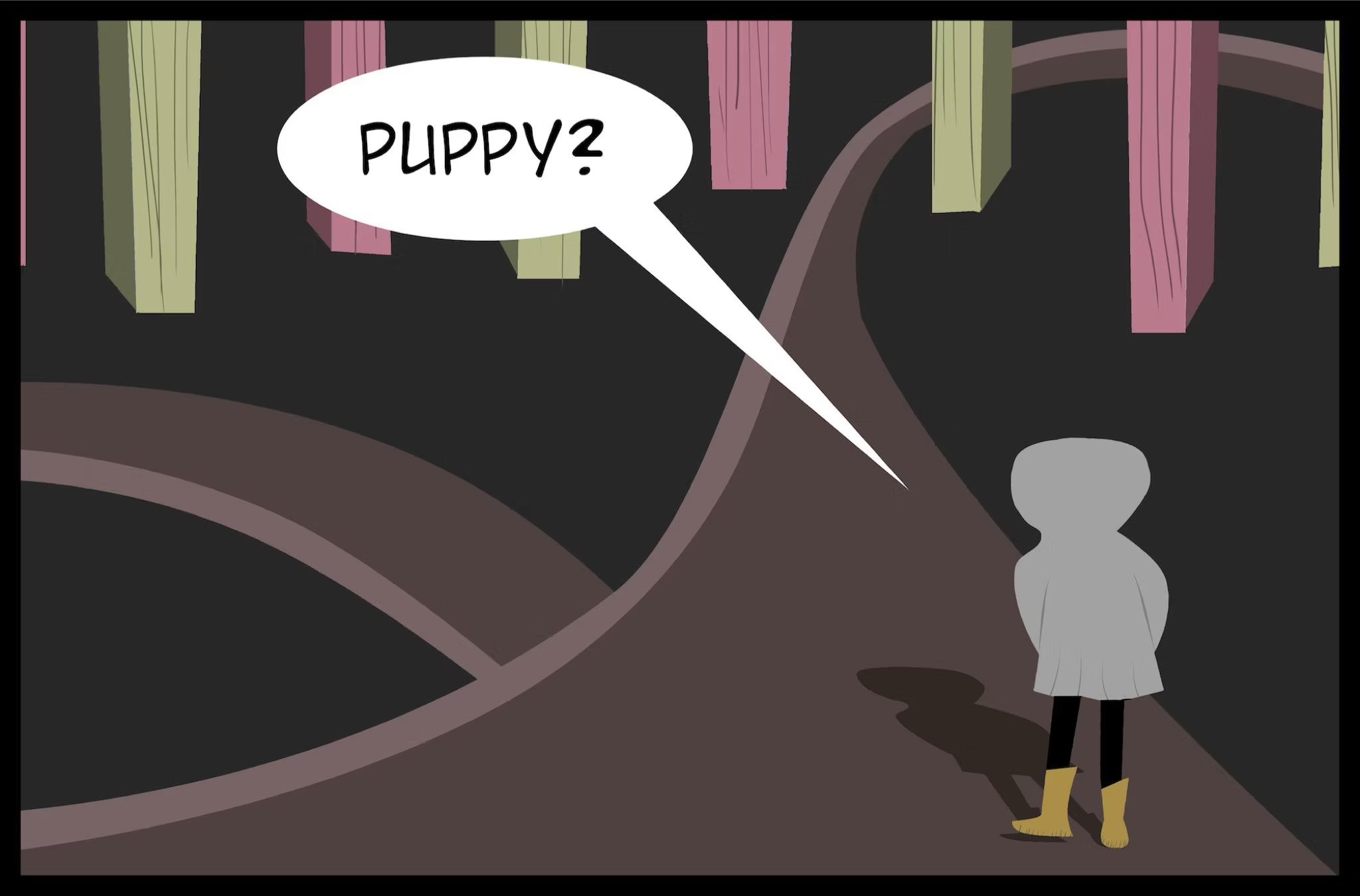 Hooded figure at a fork in the road asking 'puppy?'
