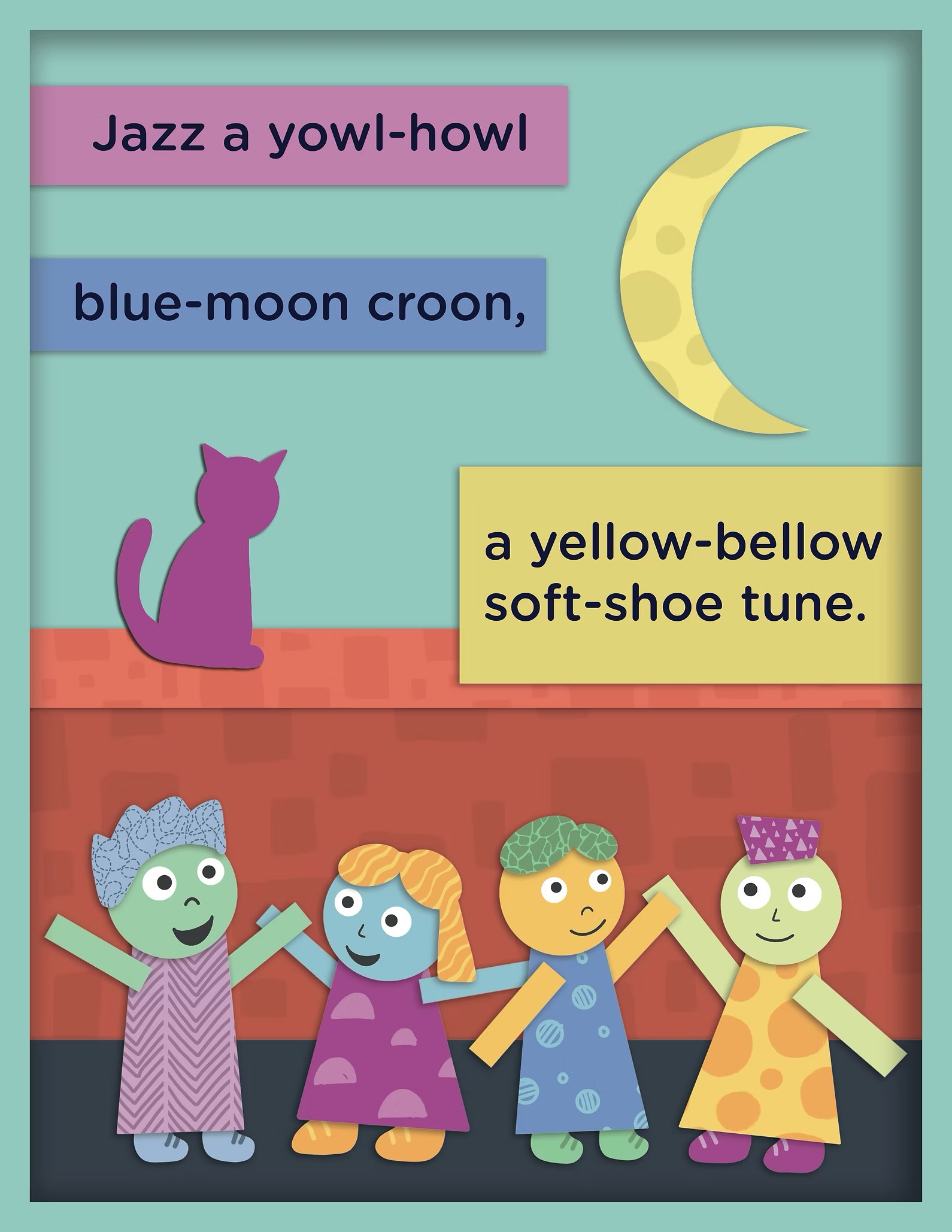 Illustrated poem page with a cat, moon, and children dancing