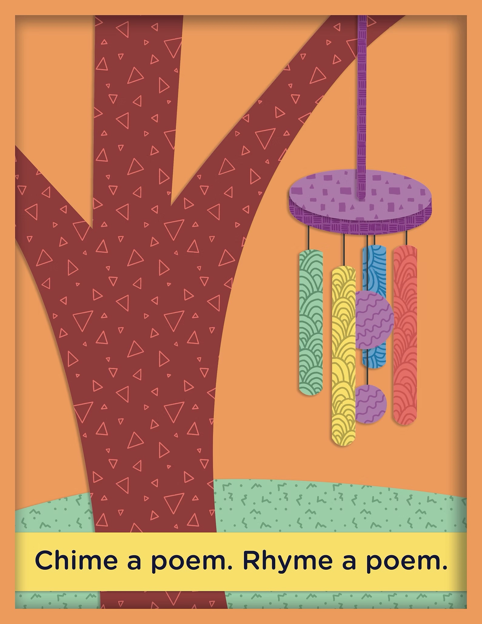 Wind chime hanging from a tree with a poem caption