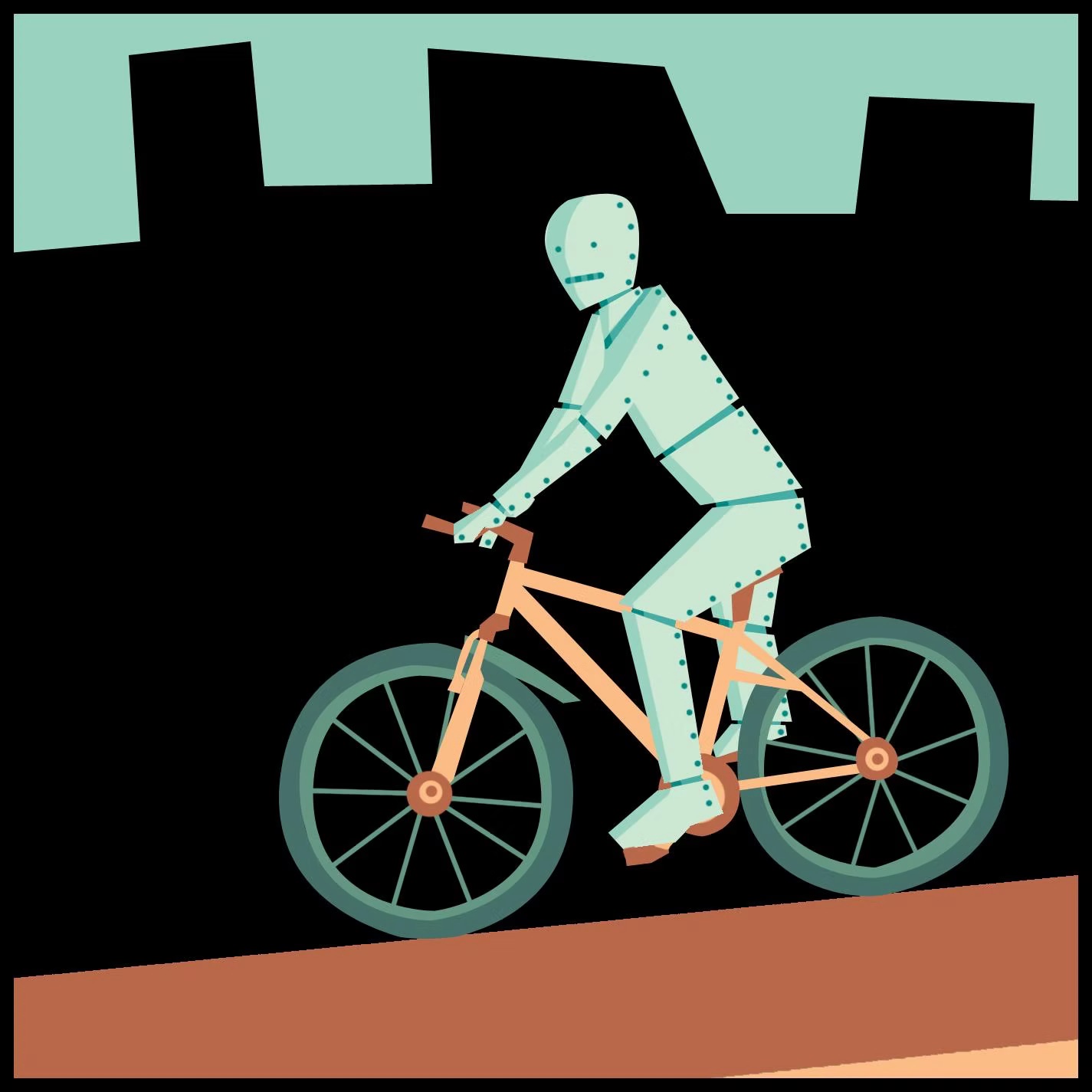 Robot figure riding a bicycle in front of a city skyline
