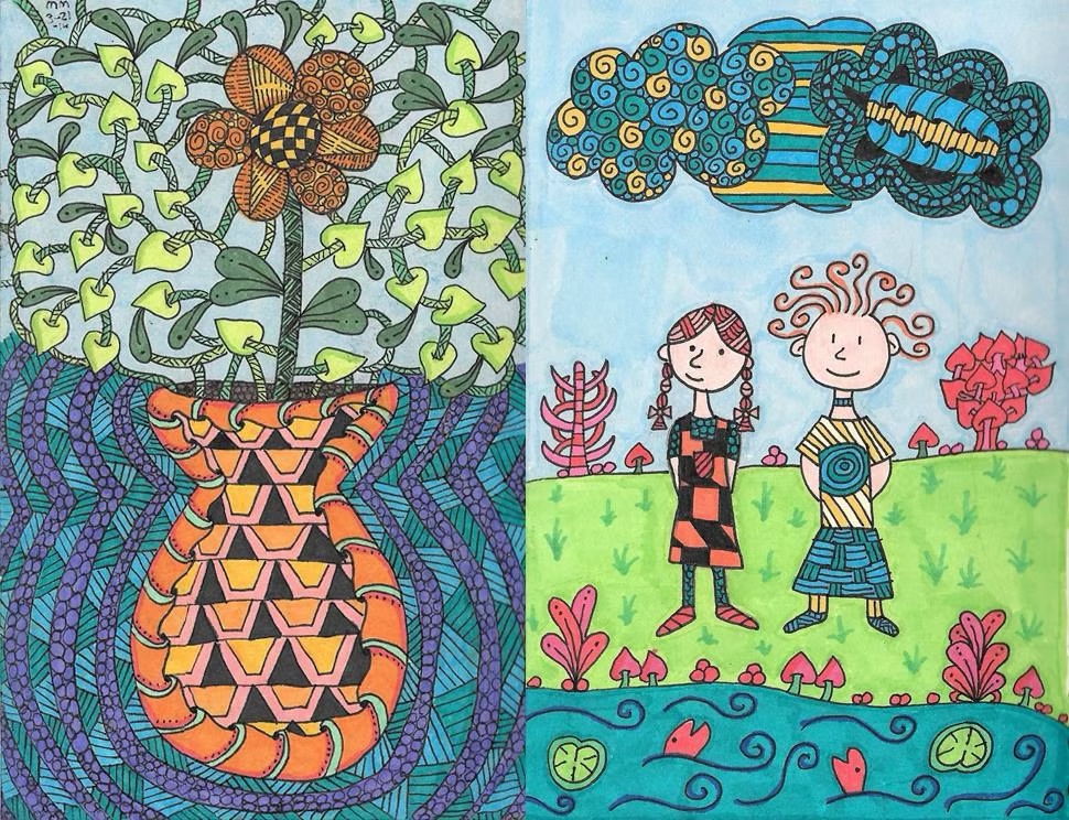Zentangle-style spread of a flower vase and two children outdoors